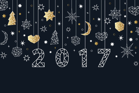 New Year 2017 geometric style background with gold foil texture. Holiday composition with star,...