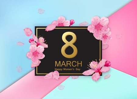 8 march modern design with flowers. Happy womens day stylish greeting card with cherry blossoms and petals.のイラスト素材