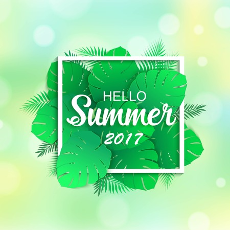 Hello summer 2017 universal tropical green background with palm leaves and place for text.のイラスト素材