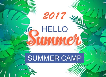 Hello summer 2017 universal tropical green background with palm leaves and place for text.のイラスト素材
