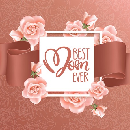 Happy Mother's Day vector hand written poster with pink roses.のイラスト素材