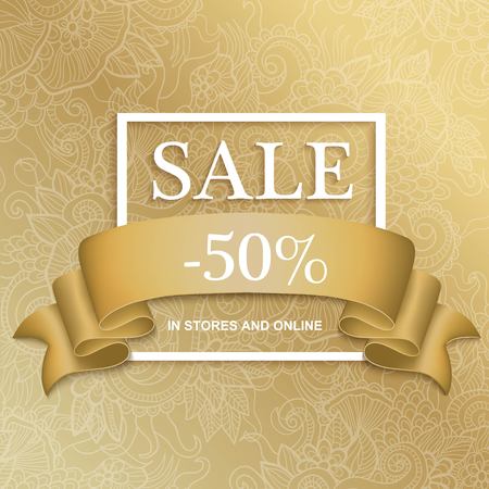 Sale banner with golden background. Vector illustration of online shopping website and mobile website banner, poster.のイラスト素材