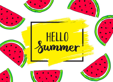 Hello summer vector card with watermelon. Typographic printable banner for summer design.