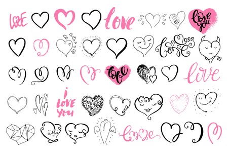 Hand drawn cute hearts. Decorative elements for Valentine s day, romantic, love, wedding design.のイラスト素材