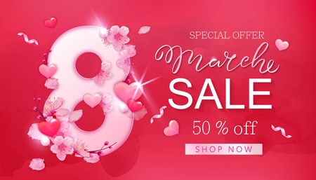 8 march sale banner with heart and sakuraのイラスト素材