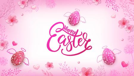 Happy Easter banner with hand drawn flowers, leaves, hearts, eggs on pink background.のイラスト素材