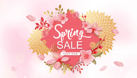 Spring Sale Vector Illustration. Banner With Cherry Blossoms and diamond frame.のイラスト素材