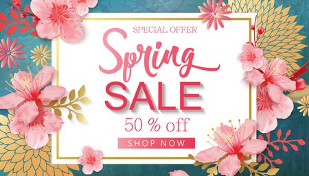 Spring Sale Vector Illustration. Banner With Cherry Blossoms.のイラスト素材