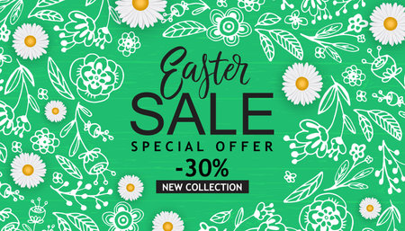 Easter Sale banner, card with hand drawn flowers, eggs on wood background.のイラスト素材