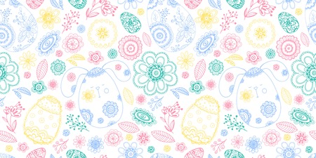 Happy Easter doodle seamless pattern with egg, flower, rabbitのイラスト素材