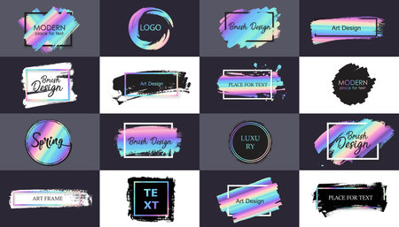 Vector hand drawn artistic design element, box, frame or background for text. Brush stroke with bright holographic gradient.のイラスト素材