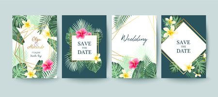 Summer card design. Save the date. Exotic tropic palm leaves and flowers.のイラスト素材