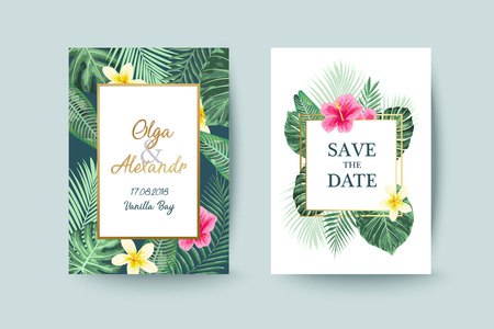 Summer card design. Save the date. Exotic tropic palm leaves and flowers.のイラスト素材