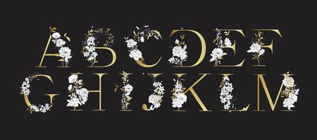 Wedding alphabet. Initials with botanical elements. Monogram arrangement. Floral letter design. Hand drawn flowers. Composition for card, invitation, save the date, logo, buusiness style.のイラスト素材