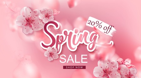 Spring sale vector illustration with cherry blossom flowers, flying petals. Pink sakura. Seasonal backgroundのイラスト素材