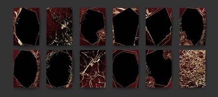 Set of elegant brochure, card, background, cover, wedding invitation. Black and golden marble texture. Geometric frame. Hand sketched botanicals.のイラスト素材