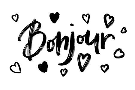 Bonjour - hand written lettering with hearts and texture. Hello in french language.のイラスト素材