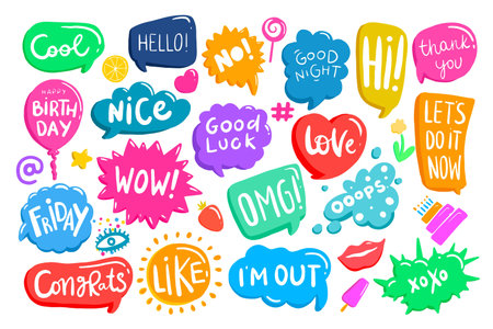 Set of colorful speech bubbles with phrases. Creative shapes, boxes with place for text. Chat, message, stories backgrounds, design elements.のイラスト素材