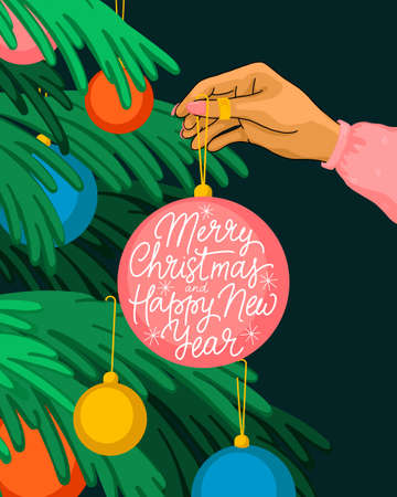 Merry Christmas nad Happy New Year card, invitation. Modern colorful design with Christmas tree, baublesのイラスト素材