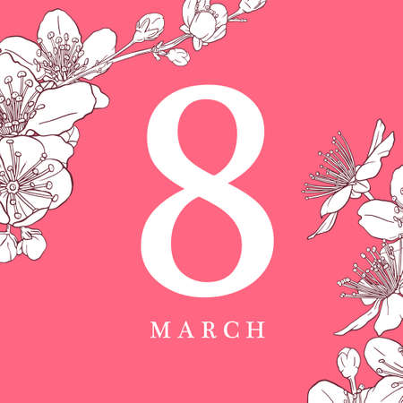 8 march illustration. Women s Day greeting card design with cherry blossoms.のイラスト素材