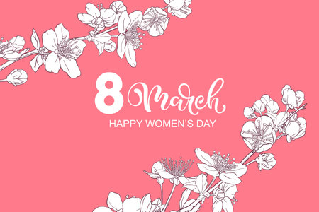 8 march illustration. Women s Day greeting card design with cherry blossoms.のイラスト素材