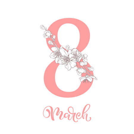 8 march illustration. Women s Day greeting card design with cherry blossoms.のイラスト素材