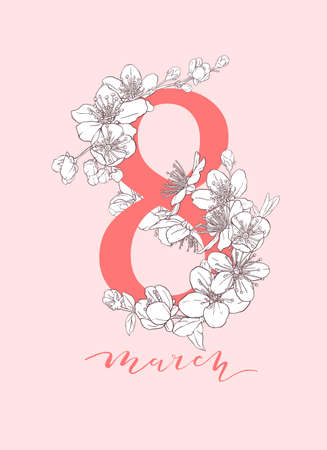 8 march illustration. Women s Day greeting card design with cherry blossoms.のイラスト素材