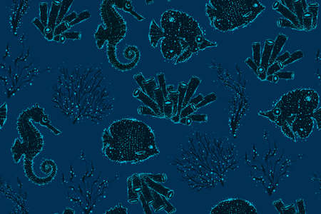 Sea seamless pattern. seashell, seahorse, coral. Underwater creatures.のイラスト素材