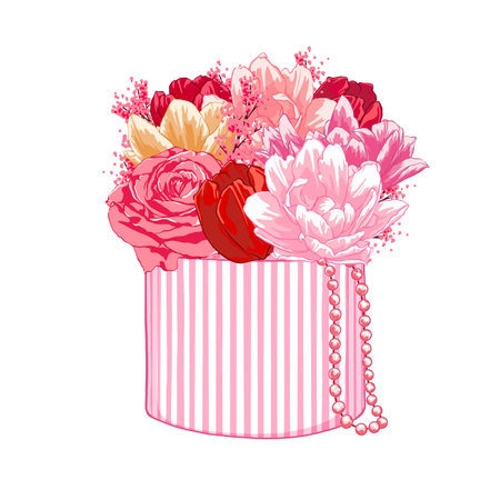 Gift box with tulips and roses. Holiday decoration. Design for greeting card, logo, branding, invitation. Fashion art vector illustration.のイラスト素材