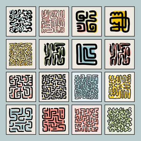 Abstract art composition. Labyrinth. Minimalist hand drawn style. Modern tendy poster, cover, wall art, packaging design. Different curly lines, swirls.のイラスト素材