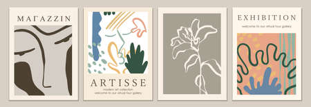 Set of covers, brochures, posters, prints with hand drawn woman face, lily, abstract botanical shapes.のイラスト素材