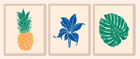 Botanical wall art collection. Exotic plants, pineapple, monstera leaves. Foliage line art drawing.のイラスト素材