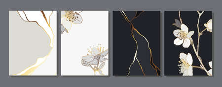Black and white, grey abstract marble stone design, minimal kintsugi art style. Golden luxury crack ground, abstract landscape. Cherry blossoms, branch. Card, background, cover, brochure with sakura.のイラスト素材