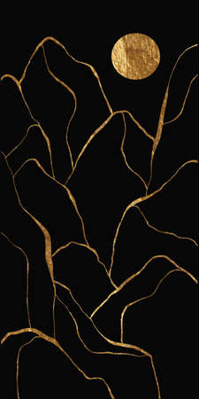 Abstarct line art landscape with hills, mountains. Night, moon. Golden stylish texture on black background.のイラスト素材