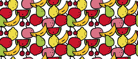 Seamless pattern with colorful fruits, berries. Hand painted style. Rough grunge brush stroke...