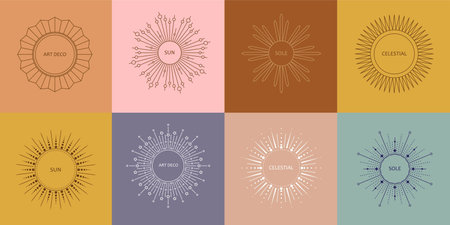 Linear art deco sun symbols. Boho decoration