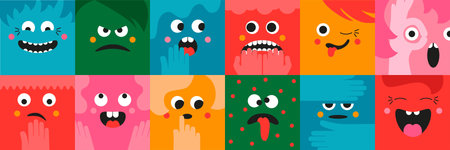 Square abstract funny, cute, comic faces. Cartoon creatures. Colorful characters. Different faces with emotions. Flat style trendy vector illustration.のイラスト素材