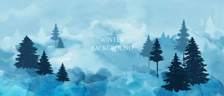 Winter forest panorama. Pine trees, snow banks. Winter landscape with blue watercolor background and hand painted forest. Snowy weather.のイラスト素材