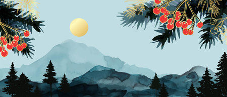 Winter watercolor landscape with hills, mountains, forest. background. Hand drawn tree, pine branches, red berries, golden sun. Christmas, New Year mood forest landscape. Frame with copy space.のイラスト素材