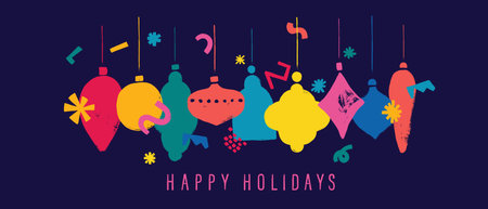 Christmas decoration set in simple hand painted geometric style. Christmas tree, New Year colorful baubles, confettiのイラスト素材