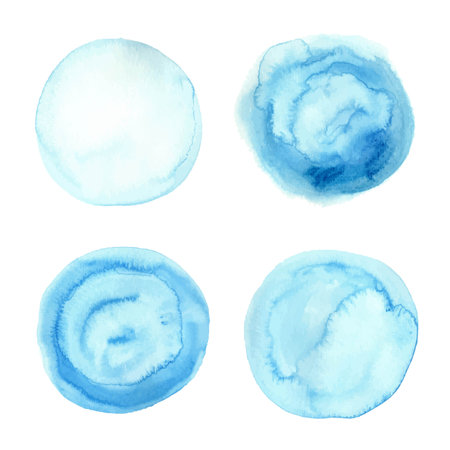 Set of blue watercolor circles. Different style round washes, textures. Backdrop, place for text. Design decorative elements.のイラスト素材