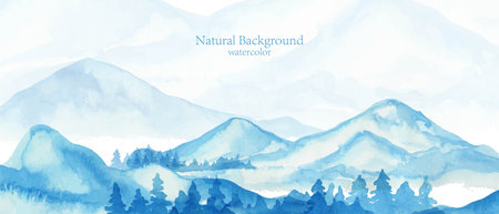 Mountains, hills watercolor landscape. Vertical nature view background in blue colors.のイラスト素材