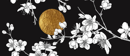 Hand drawn branch of sakura with blooms, flowers, leaves, petals. Golden sun, moon on black background. Modern line art style. Wall art composition. Elegant, chic poster, mural print.のイラスト素材