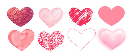 Set of pink hearts in different styles. Valentine's day design elements. Watercolor, scribble.のイラスト素材