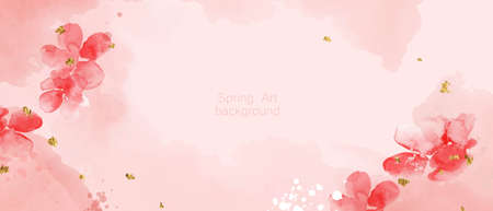 Abstract art botanical composition. Spring minimal design in pink and golden shades. Watercolor herry blossomsのイラスト素材