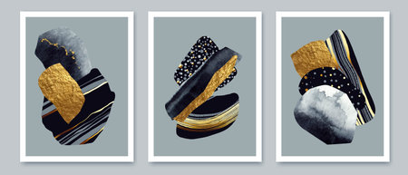 Elegant abstract wall art triptych. Composition in black, white, grey, gold. Space, planet concept. Stones shapes.の写真素材