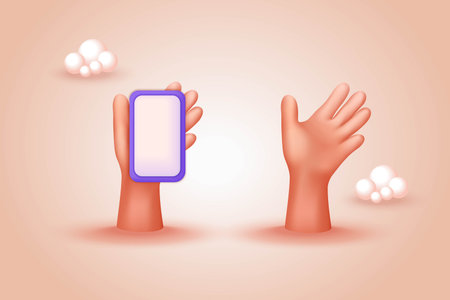 Empty hand. Hand holding mobile smart phone. 3D scene with pink background and clouds. 3D rendered minimal mockup.の写真素材