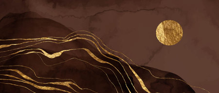 Beige, brown watercolor fluid painting vector background design.Golden marble texture, geode. Dye elegant soft splash style. Alcohol ink imitation. Abstract mountains, hills, sun, moon.のイラスト素材