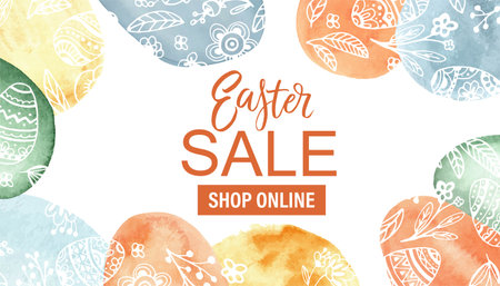 Easter sale shop banner. Colorful bright circles, eggs, botanical doodles.のイラスト素材