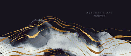 Dark grey watercolor abstract art with golden lines, waves. Art landscape. Design for poster, mural, cover, card.のイラスト素材